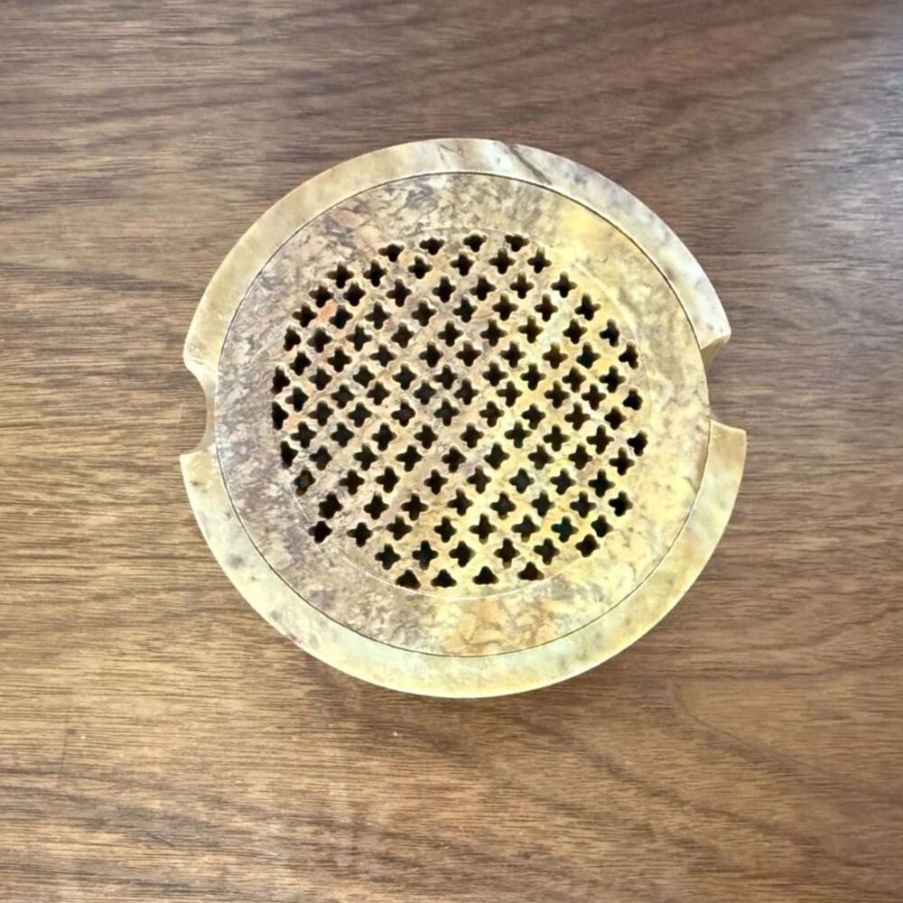 Vintage Carved Soapstone Dish Pierced Lid, Lattice Jali, Incense Holder, Boho